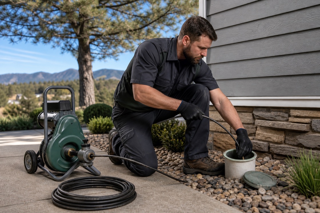 Drain cleaning equipment positioned at an exterior cleanout